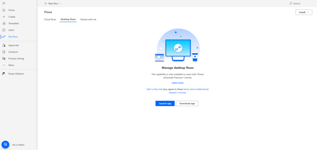 Tela do Power Automate Desktop exibindo a área “Desktop flows”, com opção para iniciar avaliação Premium e gerenciar fluxos desktop.