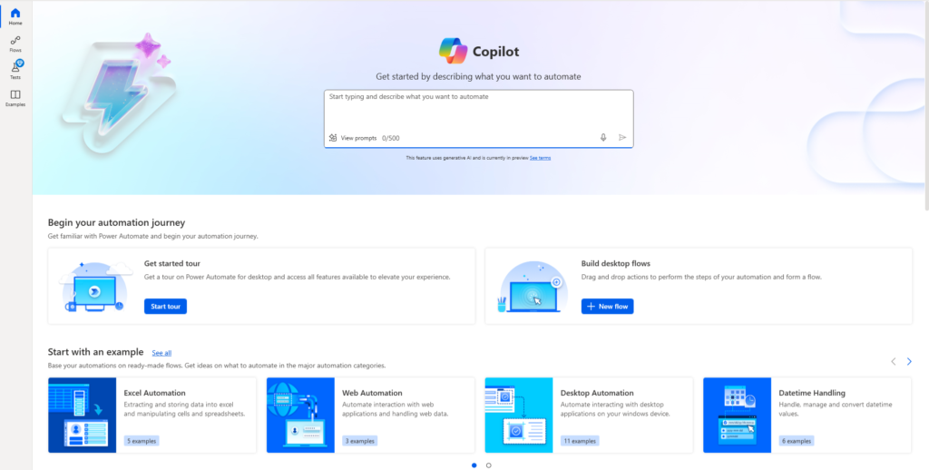 Página inicial do Power Automate Desktop com destaque para o Copilot, criação de novos fluxos e modelos de automação disponíveis.