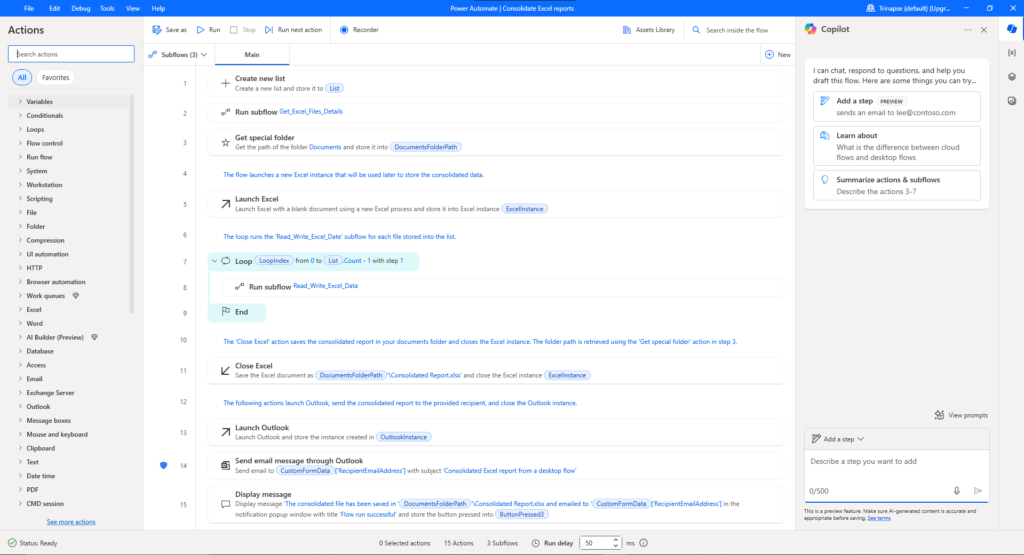 Editor do Power Automate Desktop mostrando um fluxo de consolidação de relatórios Excel com ações automatizadas e painel lateral do Copilot.