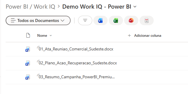 Biblioteca do SharePoint com documentos fictícios usados como contexto do Work IQ para análise no Power BI.