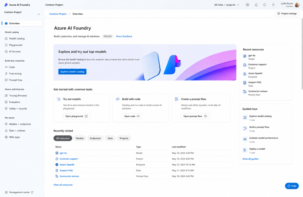 Interface do Azure AI Foundry com painel de projeto, catálogo de modelos e recursos para criação de soluções de IA.
